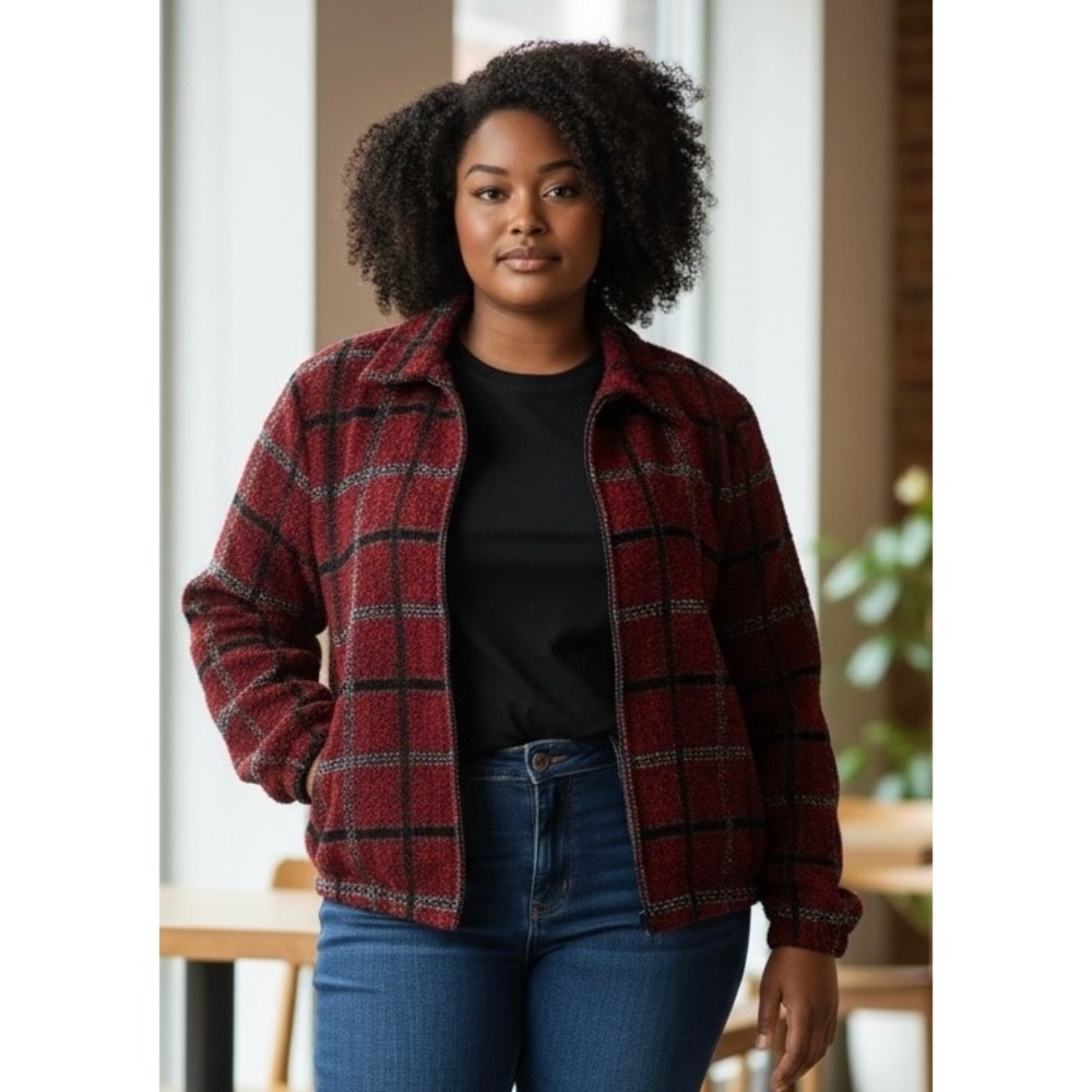 Alfred Dunner Red Black Plaid Boucle Zip Up Jacket Womens Size 14‎ Lined Vintage
